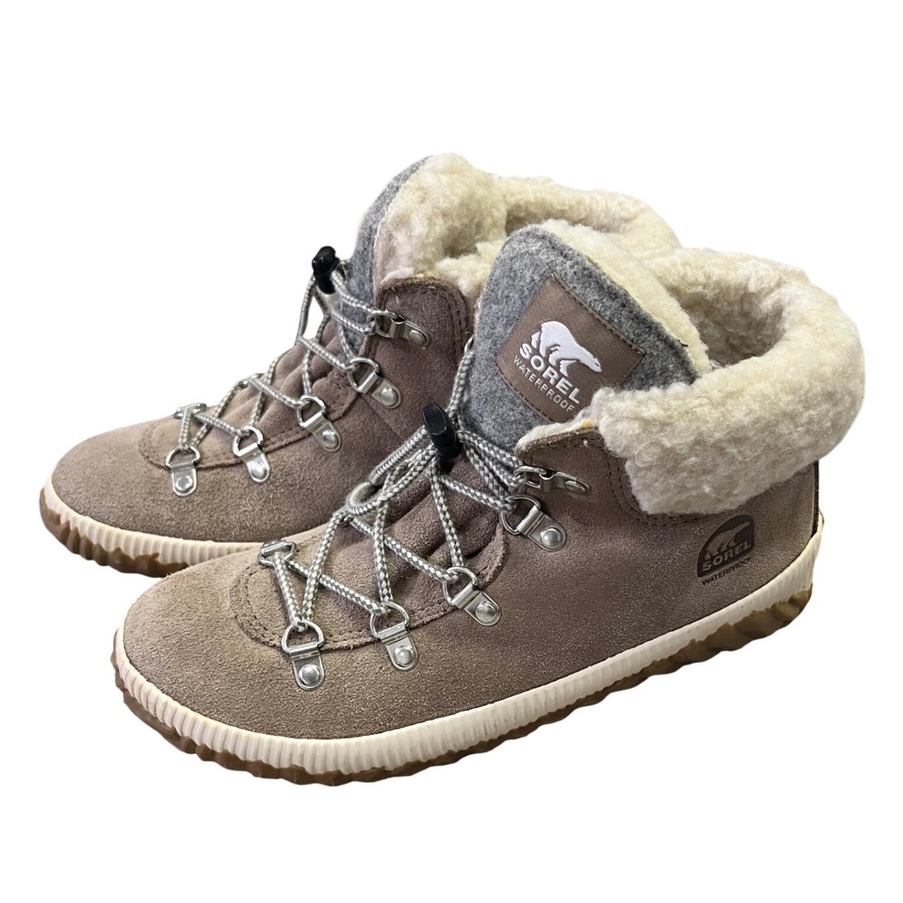 Sorel Waterproof Shearling Hiker Boots Women's 6 Taupe‎ Faux Fur Lace Up